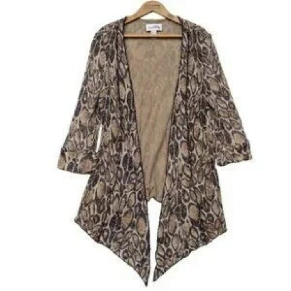 Joseph Ribkoff Taupe and Brown Snake-Print Draped Cardigan